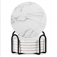 Set Of 6 Beverage Coasters With Stand Round 4in Ceramic Coaster With Metal Stand Absorbent Marble Stone Coaster With Cork Base
