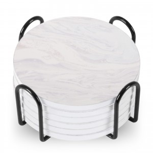 Set Of 6 Beverage Coasters With Stand Round 4in Ceramic Coaster With Metal Stand Absorbent Marble Stone Coaster With Cork Base