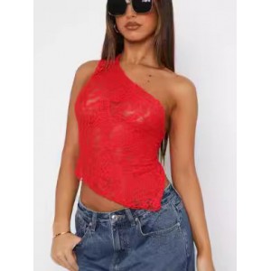 Ins Lace Backless Top Summer Solid Color Waistless Asymmetrical Sloped Neck Vest Streetwear Womens Clothes