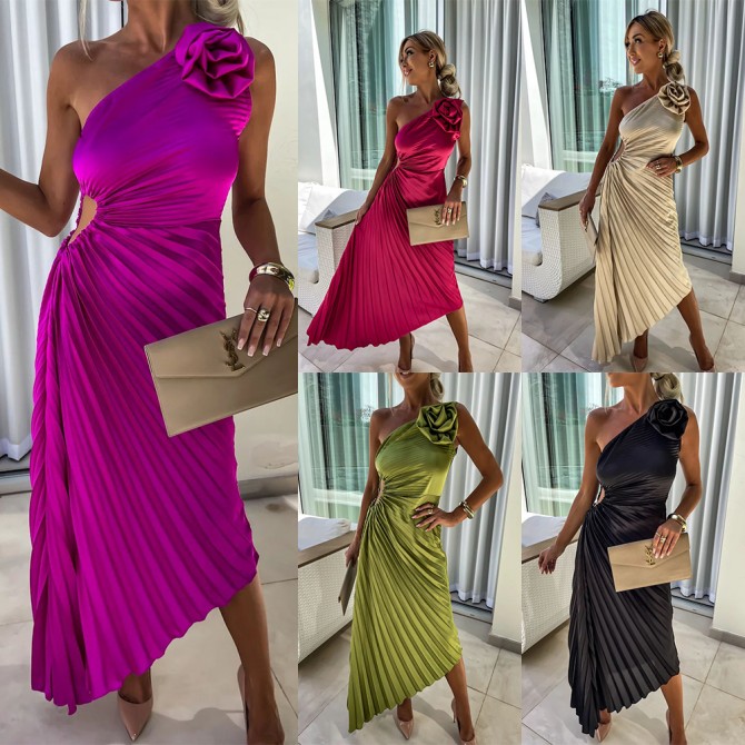 One-Shoulder Pleated Dress with Rose – Evening Party