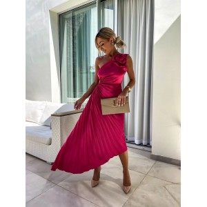 One-Shoulder Pleated Dress with Rose – Evening Party