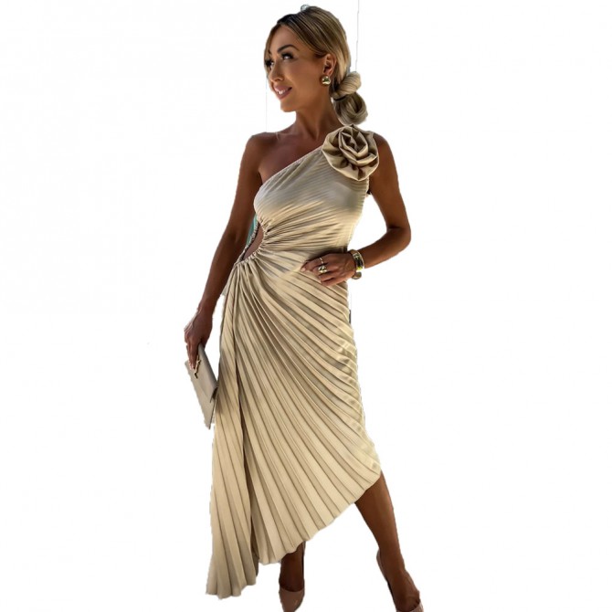 One-Shoulder Pleated Dress with Rose – Evening Party