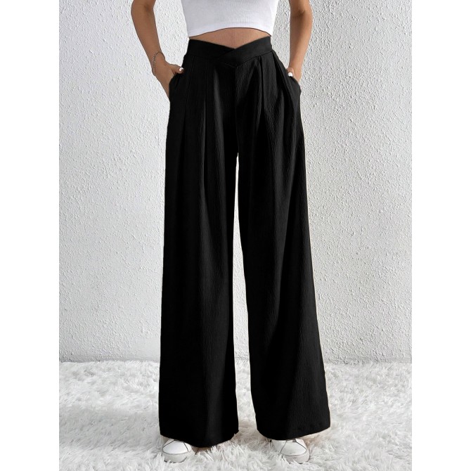 Women's Solid Color Pleated Wide-Leg Casual Pants
