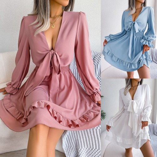 Women's V-Neck Long Sleeve A-Line Beach Dress