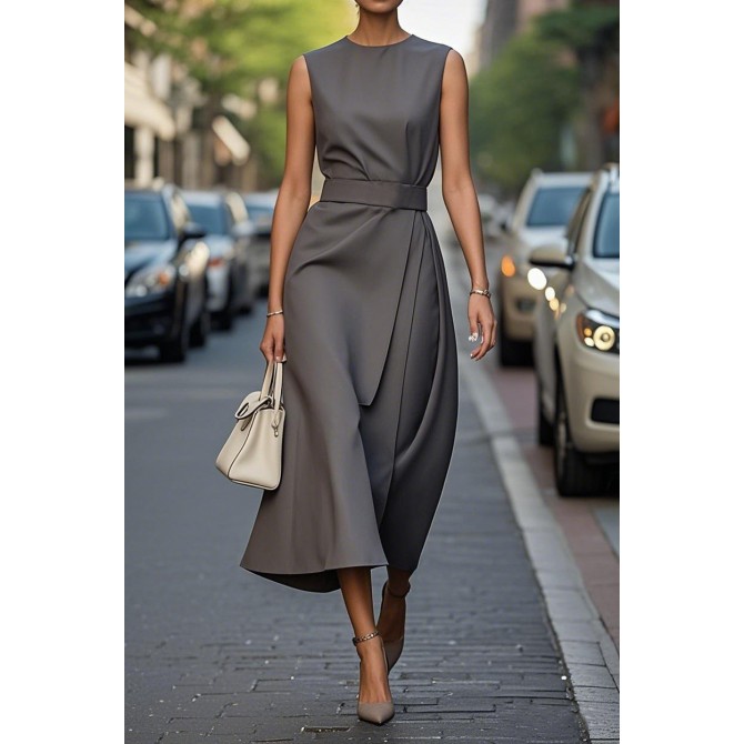 Women's Sleeveless Irregular Dress with Belt – Slim Fit