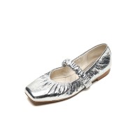 Flat Pleated Sheepskin Square Head Ankle-strap Shoes