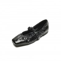 Flat Pleated Sheepskin Square Head Ankle-strap Shoes