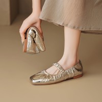 Flat Pleated Sheepskin Square Head Ankle-strap Shoes