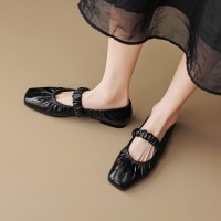 Flat Pleated Sheepskin Square Head Ankle-strap Shoes