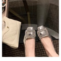 Rhinestone Square Toe Low-cut Silver Flat Bottom Pumps