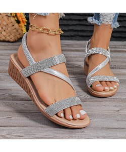 Fashion Rhinestone Wedge Sandals Bohemian Ethnic Style Open Toe Summer Vacation Roman Shoes For Women