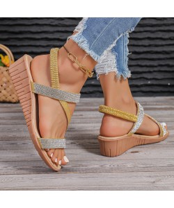 Fashion Rhinestone Wedge Sandals Bohemian Ethnic Style Open Toe Summer Vacation Roman Shoes For Women