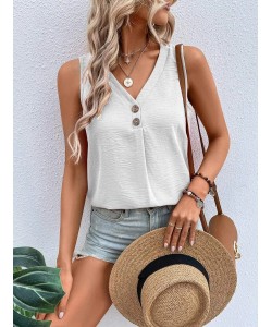 Summer V-neck Vest Top Fashion Button Sleeveless T-Shirt Loose Casual Women's Clothing