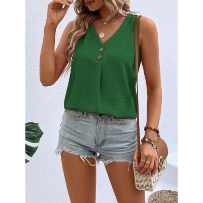 Summer V-neck Vest Top Fashion Button Sleeveless T-Shirt Loose Casual Women's Clothing