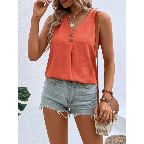 Summer V-neck Vest Top Fashion Button Sleeveless T-Shirt Loose Casual Women's Clothing