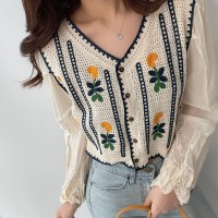 Embroidered Flowers Knitted Stitching Fake Two Long-Sleeved Shirts  
