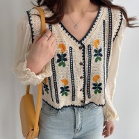 Embroidered Flowers Knitted Stitching Fake Two Long-Sleeved Shirts  