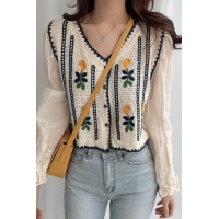 Embroidered Flowers Knitted Stitching Fake Two Long-Sleeved Shirts  