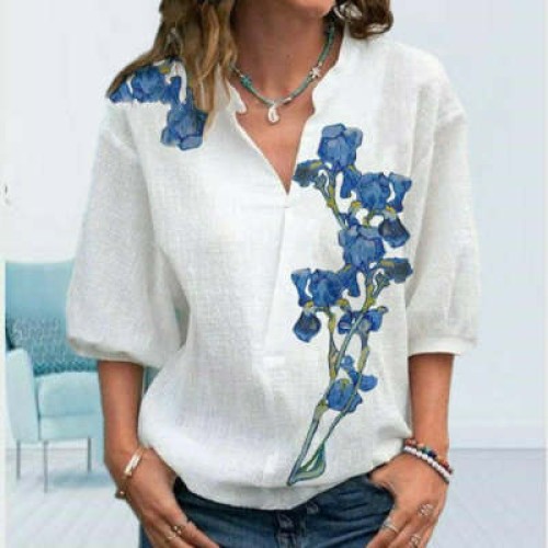 Printed V-neck Mid Sleeved Casual Loose Fitting Style Pullover