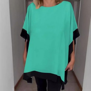 Front Chest Round Neck Loose Short Sleeves Batwing Sleeve Solid Color Stitching T-shirt