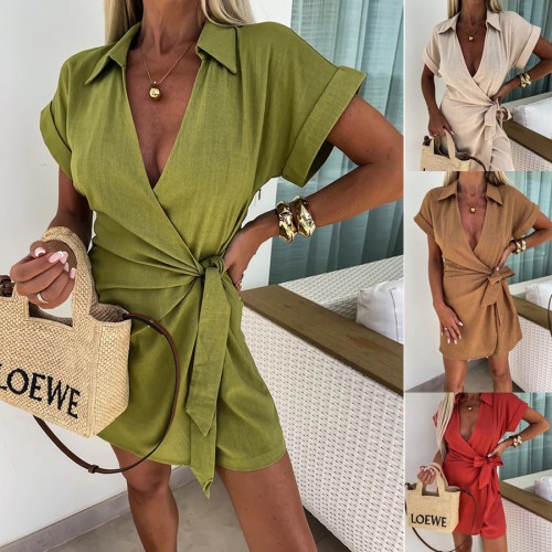 Spring And Summer Lace-up Turn-down Collar Jumpsuit INS Casual Loose Vacation Jumpsuit