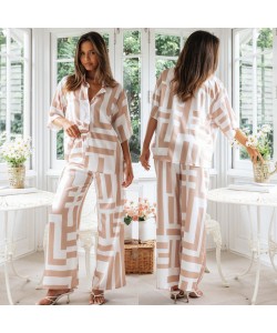 Women's Printing Lapel Short-sleeved Shirt Wide-leg Trousers Suit