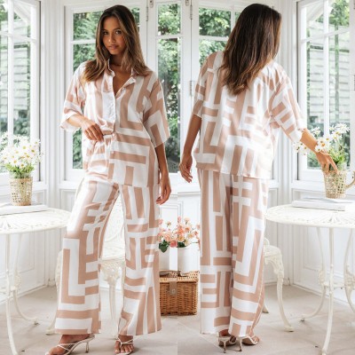 Women's Printing Lapel Short-sleeved Shirt Wide-leg Trousers Suit