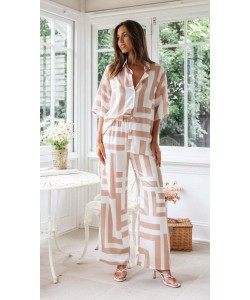Women's Printing Lapel Short-sleeved Shirt Wide-leg Trousers Suit