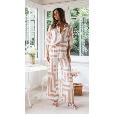 Women's Printing Lapel Short-sleeved Shirt Wide-leg Trousers Suit