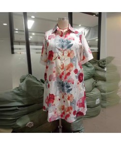 Women's Fashionable Watercolor Little Flower Printed Pocket Shirt Dress