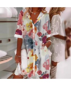Women's Fashionable Watercolor Little Flower Printed Pocket Shirt Dress