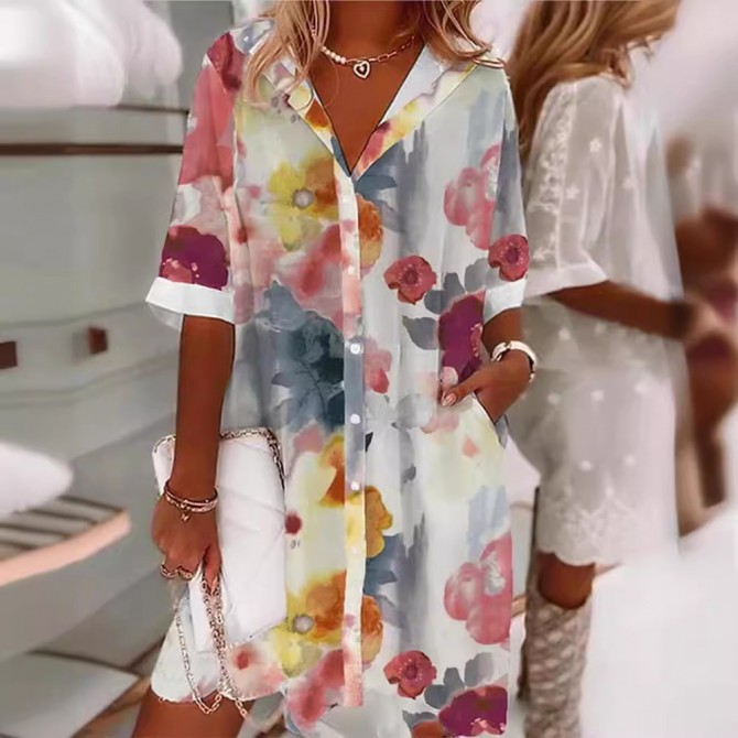 Women's Fashionable Watercolor Little Flower Printed Pocket Shirt Dress
