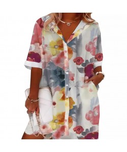 Women's Fashionable Watercolor Little Flower Printed Pocket Shirt Dress