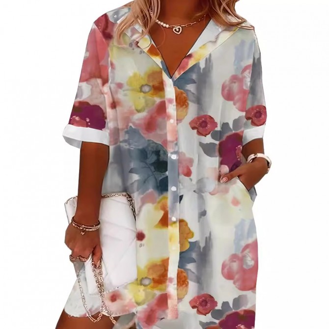 Women's Fashionable Watercolor Little Flower Printed Pocket Shirt Dress