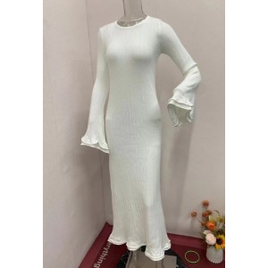 Solid Color Round Neck Long Sleeve Slim Fit Stringy Selvedge Dress