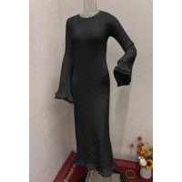 Solid Color Round Neck Long Sleeve Slim Fit Stringy Selvedge Dress