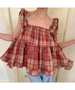 Women's Lace Up Sleeveless Loose Plaid Vest