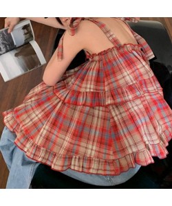 Women's Lace Up Sleeveless Loose Plaid Vest