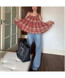 Women's Lace Up Sleeveless Loose Plaid Vest