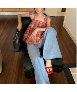 Women's Lace Up Sleeveless Loose Plaid Vest