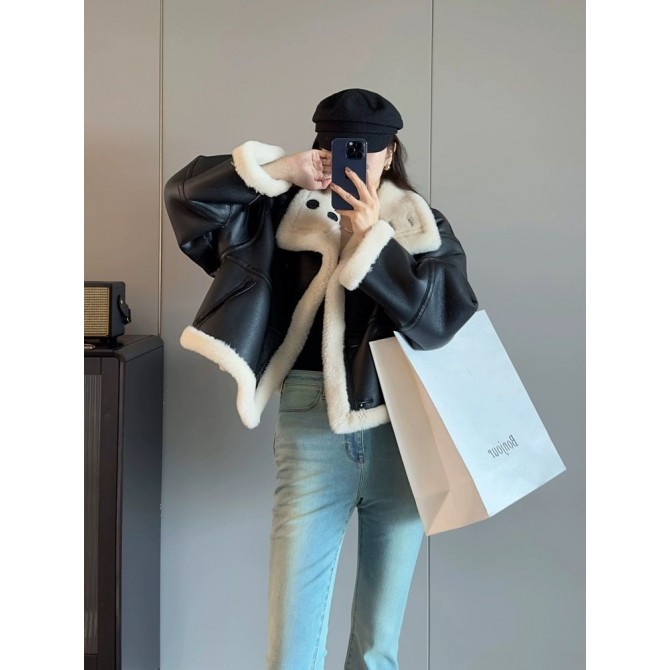 Eco-leather Inner Wool Grain Leather Grass Coat