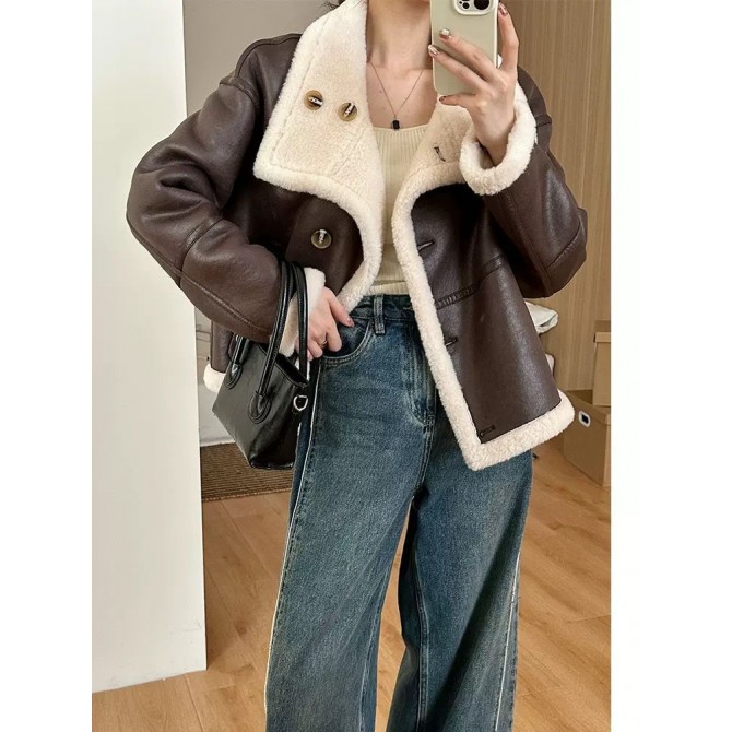 Eco-leather Inner Wool Grain Leather Grass Coat