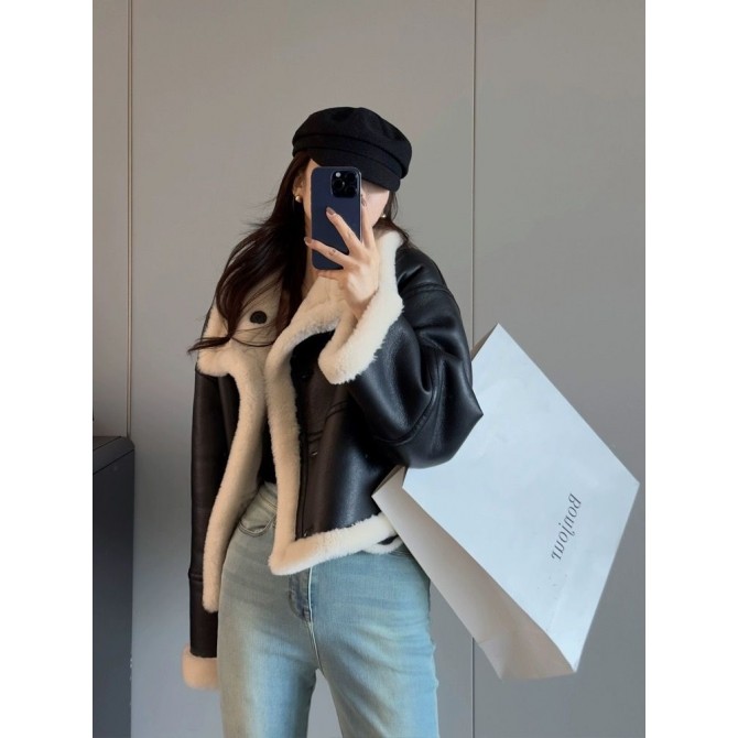 Eco-leather Inner Wool Grain Leather Grass Coat