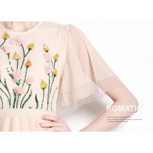 Ladies' Mesh Stitching Sequin Three-dimensional Decoration Flowers Dress