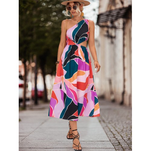 V-neck Lace Up Ruffle Sleeve Printing Dress