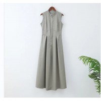European And American Sleeveless V neck Casual Waist Zipper Collar Dress