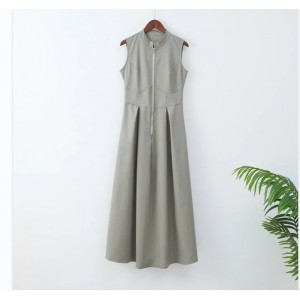 European And American Sleeveless V neck Casual Waist Zipper Collar Dress