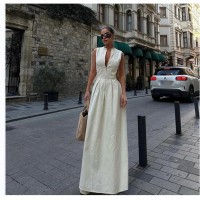 European And American Sleeveless V neck Casual Waist Zipper Collar Dress