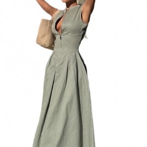 European And American Sleeveless V neck Casual Waist Zipper Collar Dress
