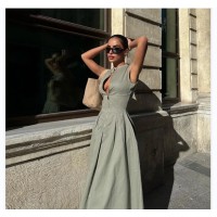 European And American Sleeveless V neck Casual Waist Zipper Collar Dress